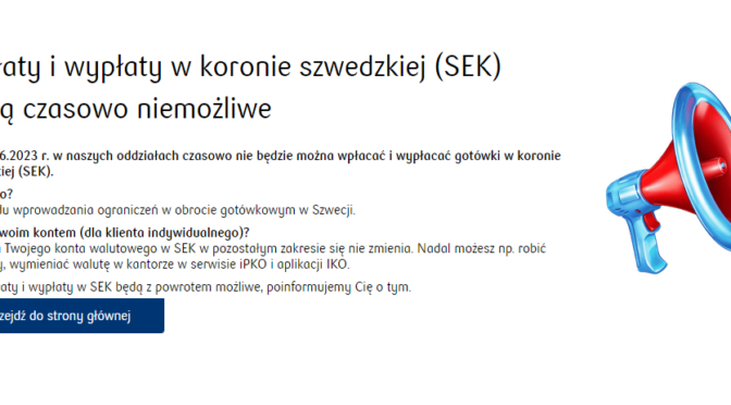 Komunikat PKO Banku Polskiego dotyczący korony szwedzkiej